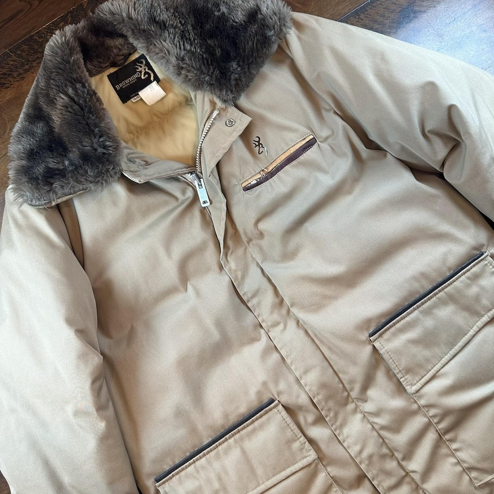 Vintage Browning Mens 44 Beige Goose Down Puffer Coat Fur Collar USA Made D32